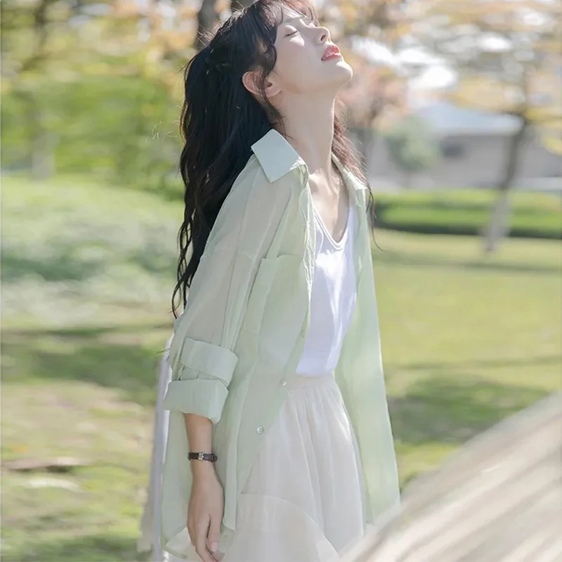 Женская шифоновая рубашка Корейская свободная Солнцезащитная футболка из