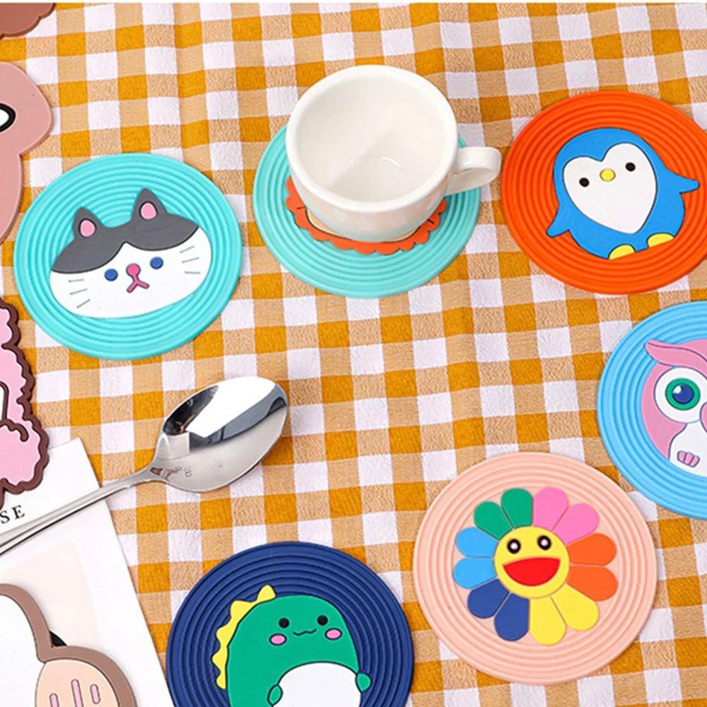 

Cute Coaster Ins Style Cartoon Bear Rabbit Cup Pad Heat-resistant Silicone Dining Table Placemat Washable Placemats Drink Pads