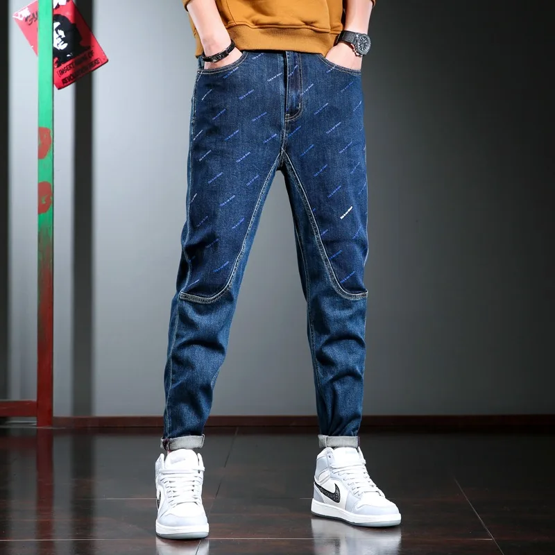 2022 Fashion Patchwork Jeans Men Casual Pencil Pants Blue Printed Jean Korean Style Streetwear Straight Denim Trousers
