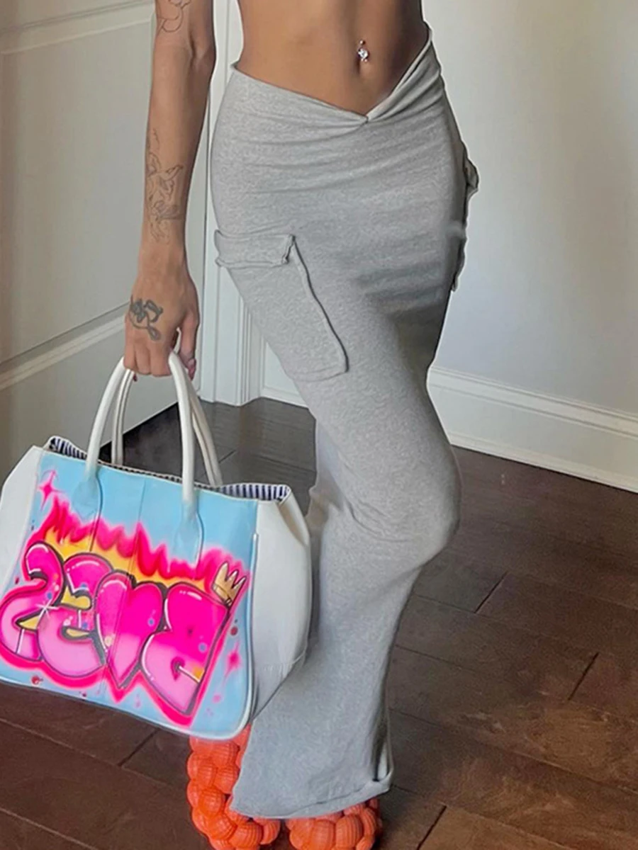 

Женская облегающая юбка до щиколотки с высокой талией и рюшами, летняя Однотонная юбка-карандаш с украшением из карманов, черная/серая/фиол...