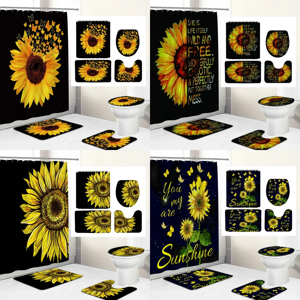 

Sunflower Butterfly Waterproof Shower Curtain Bathroom Mats Set Toilet Lid Cover Rugs Anti Slip Carpets Shower Room Floor Mats