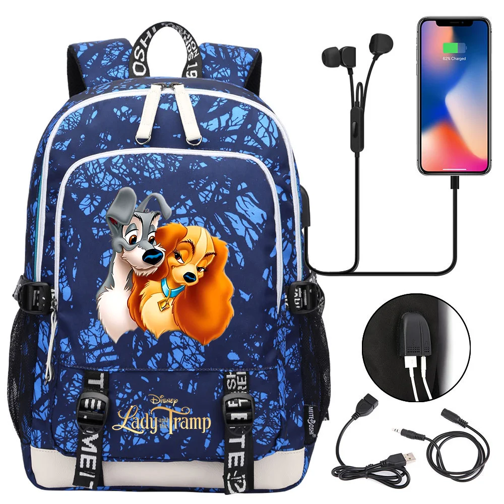 Disney Lady and the Tramp School Bags For Teenager USB Charging Laptop Backpack Boys Girls Student Book Bag Mochila Travel Bag