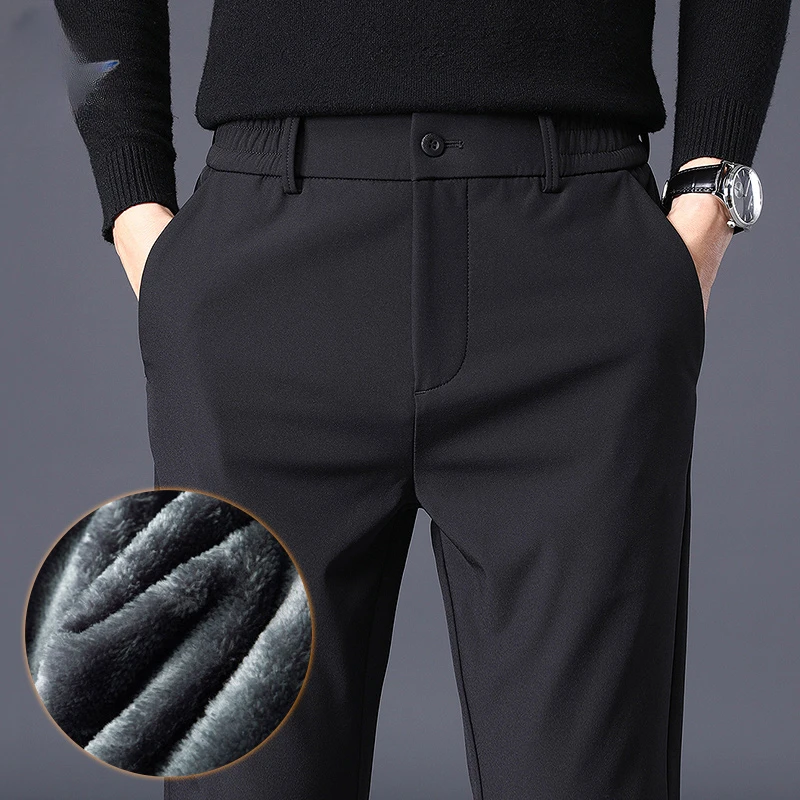 

Winter Warm Men's Fleece Pants Thick Business Stretch Slim Fit Elastic Waist Jogger Korean Classic Black Gray Blue Trousers Male