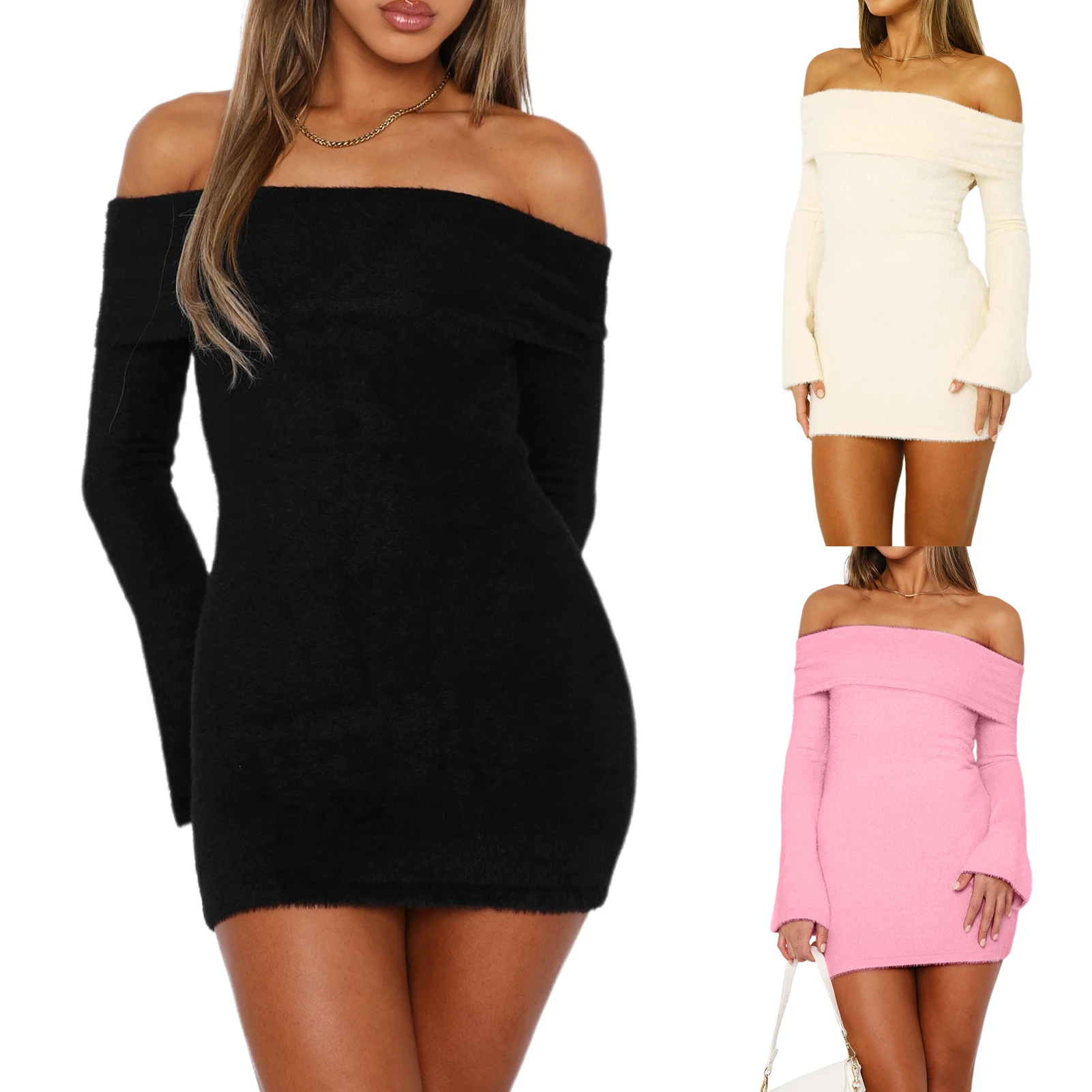 

Women Elegant Mini Dress Slash Neck Tunic Short Dress Solid Color Slim Fit Off Shoulder Sexy Style Vacation Outfit