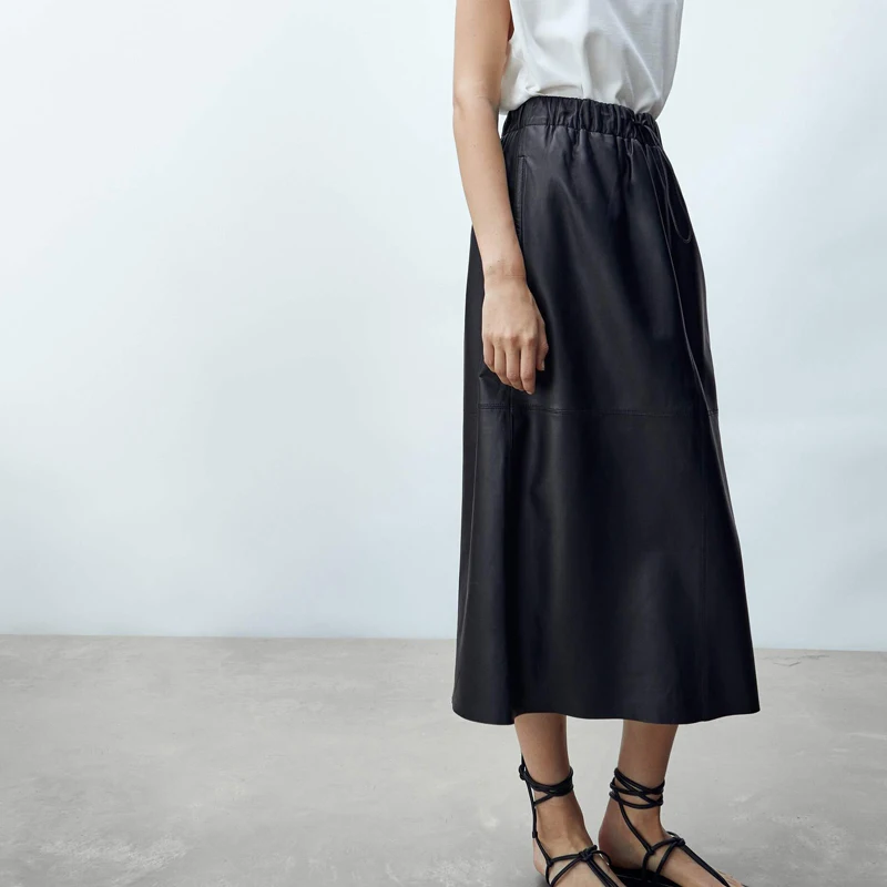 Женская длинная юбка из ПУ кожи с высокой талией до середины икры | одежда