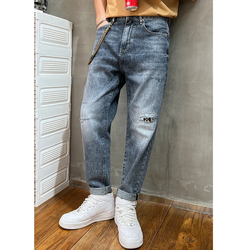 Men Clothing Autumn and Winter New Straight Loose Cylinder Jeans Vintage Comfortable Blue Versatile Ripped Harun Trousers Female