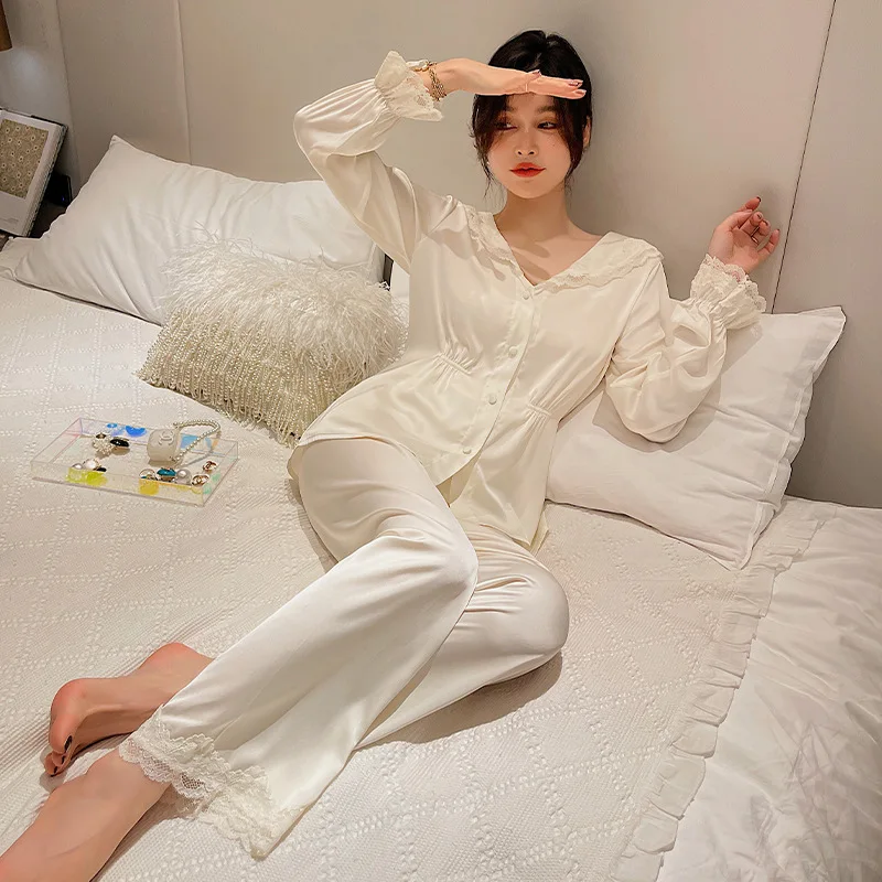 2022 new ice silk pajamas women's thin long-sleeved palace style home pijamas women