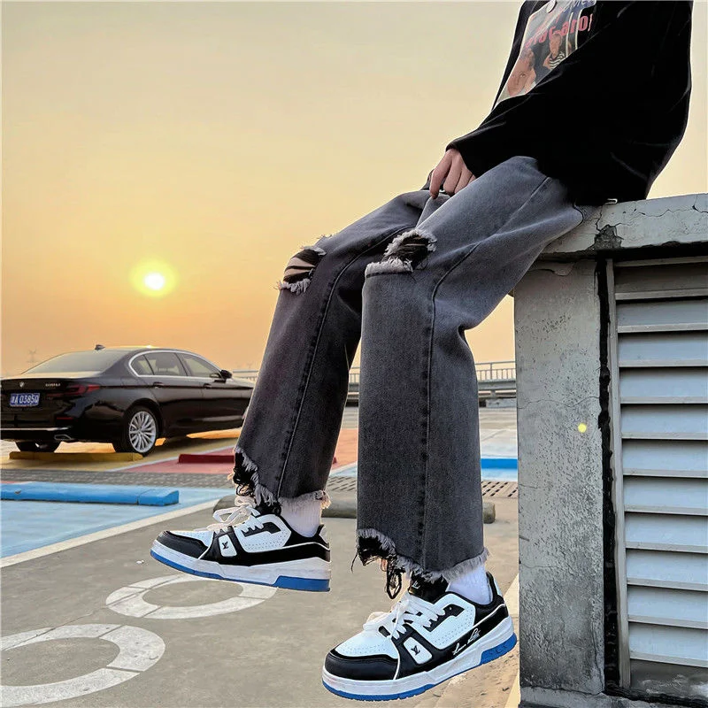Summer Black Ripped Jeans Men Fashion Casual Wide Leg Jeans Men Streetwear Loose Hip Hop Straight Hole Denim Pants Mens Trousers