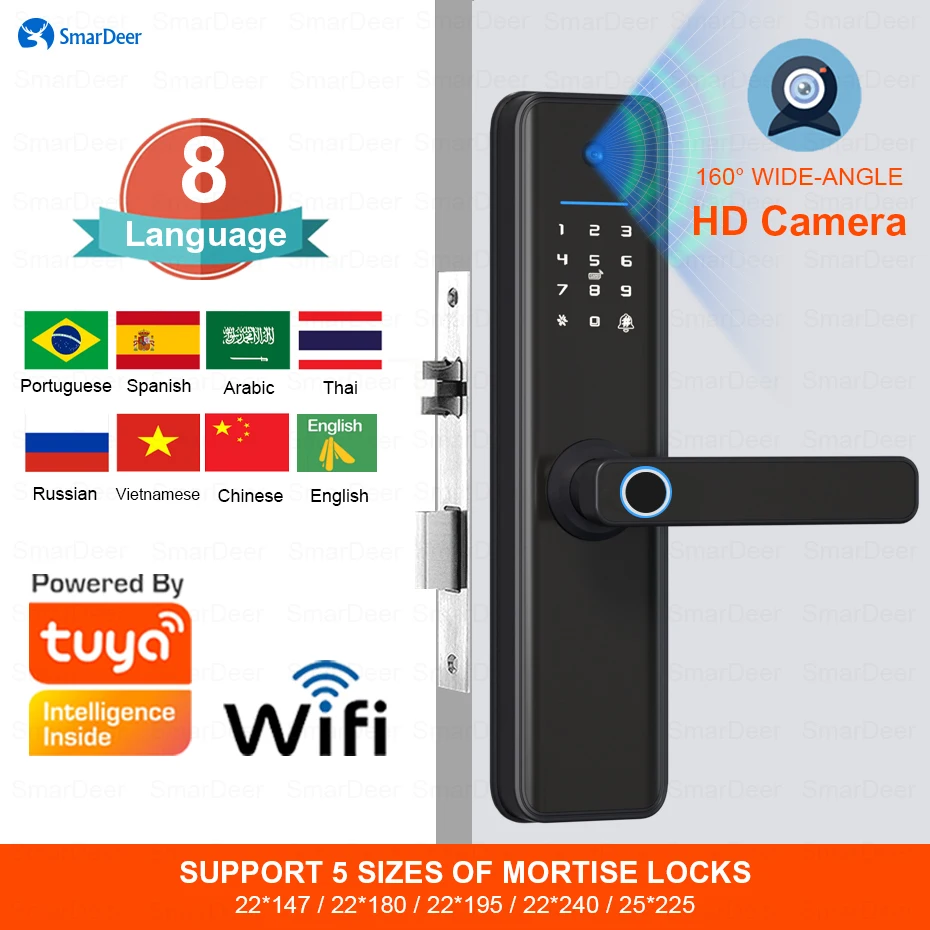 

SmarDeer Smart Lock with Camera for Tuya Smart Biometric Fingerprint Lock Keyless Entry via Fingerprint/Password/Card/NFC/App