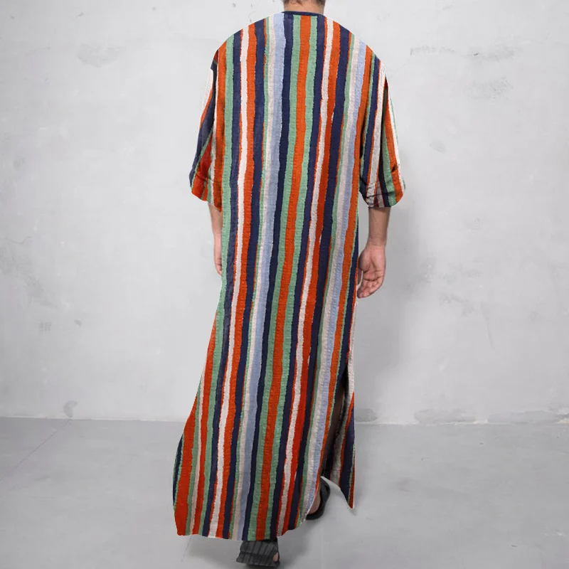 Men's Muslim Abaya Long Sleeve Arabian Striped Printed Muslim Robe Breathable Fashion 2022 Islamic Arabic Kaftan Jubba Thobe