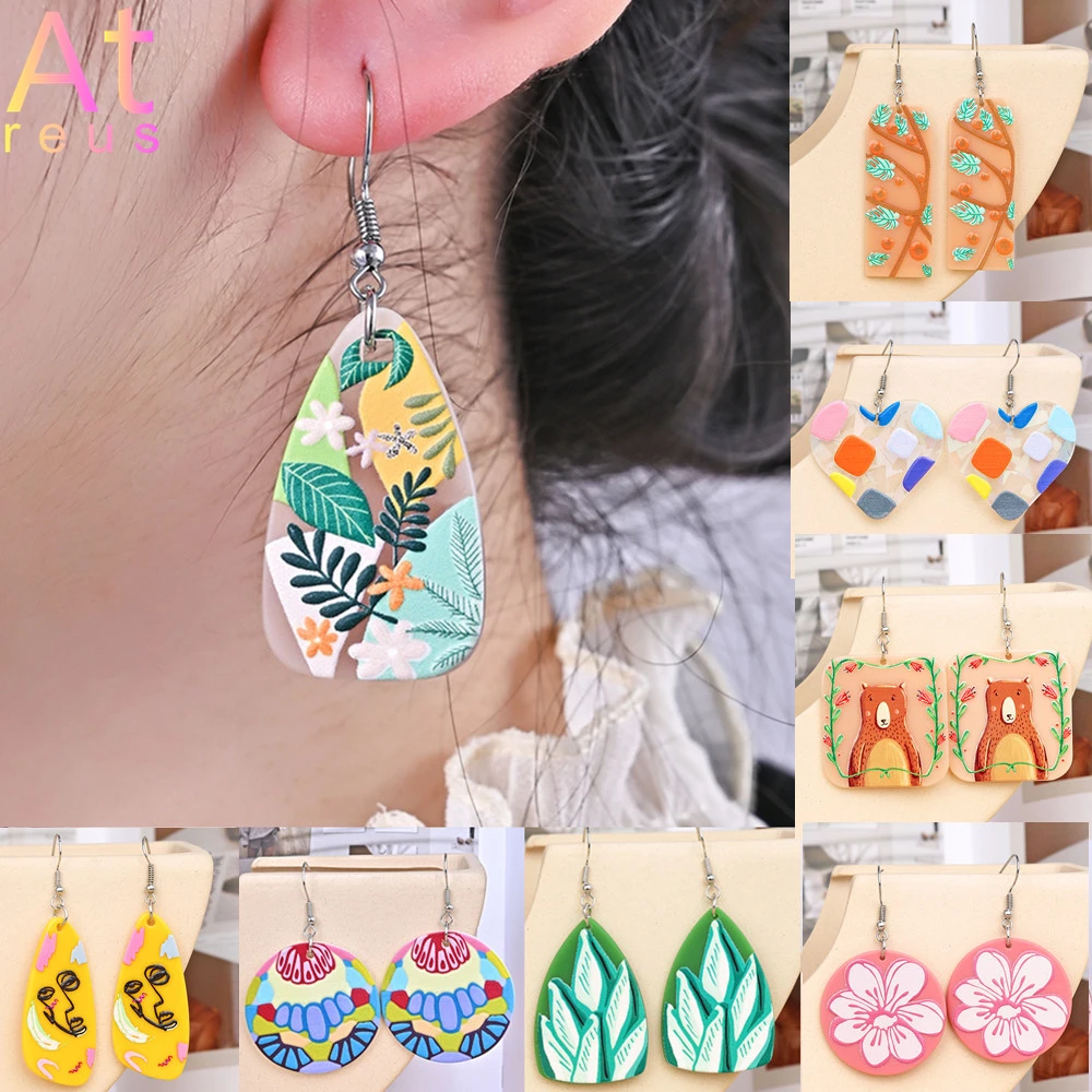 

Tropical Green Plant Leaves Relief Pattern Epoxy Earrings Women's Fashion Unique Heart Drop Earrings Girl Cute Acrylic Earring