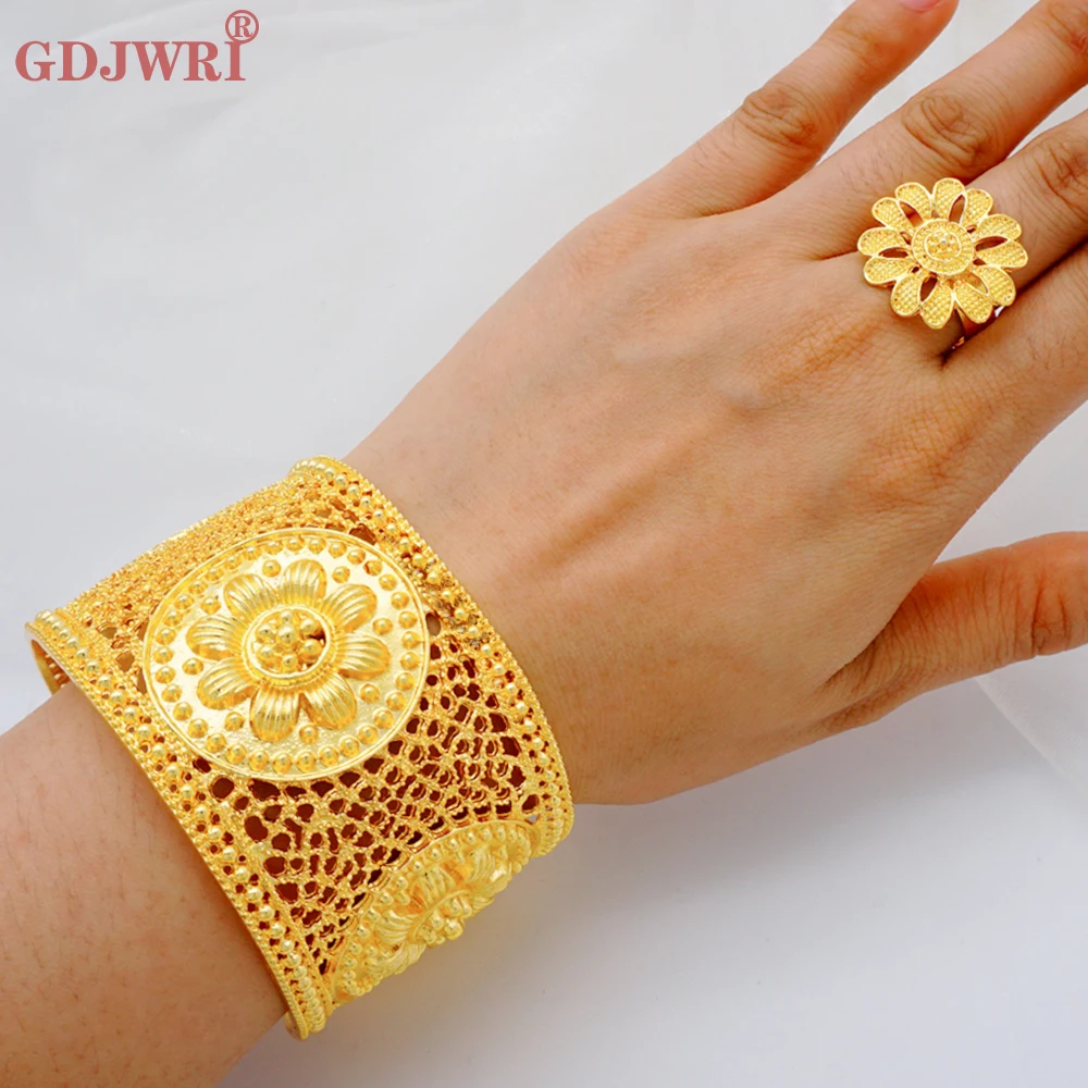 

2022 New Adjustable Dubai Gold Color Bangle With Ring For Women African Bijoux Bracelet Jewellery Indian Nigerian Wedding Gift