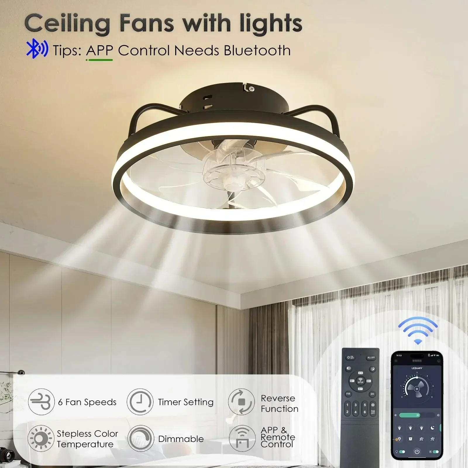 Умный Тихий потолочный вентилятор с дистанционным управлением 6 скоростей