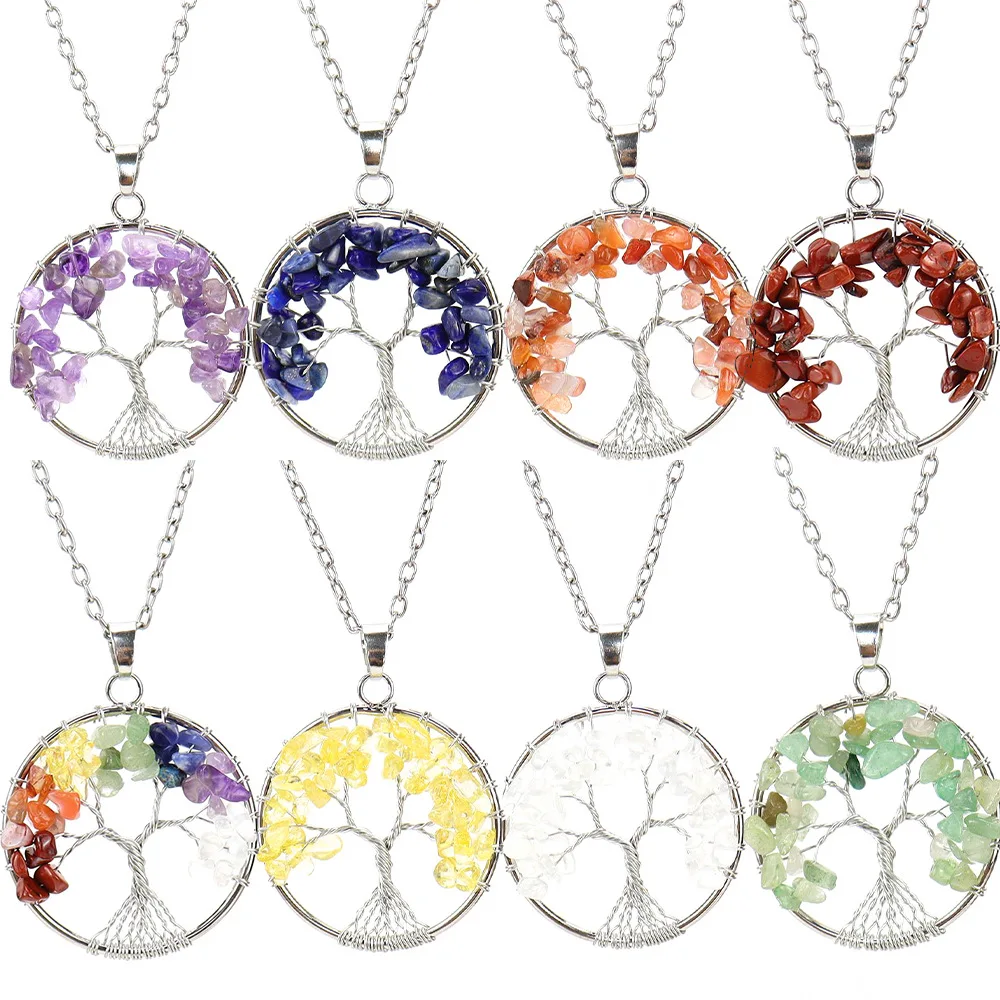 

10pcs Wire Wrapped Tree of Life Chip Stone Pendant Quartz Charms Amethysts Obsidian Healing Crystal Necklaces for Women Jewelry