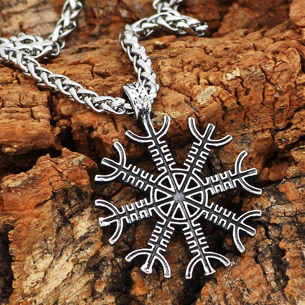 

Vintage Viking Awe Helm Necklace Pendant Men Nordic Stainless Steel Viking Compass Pendant Necklace Biker Amulet Jewelry Gift