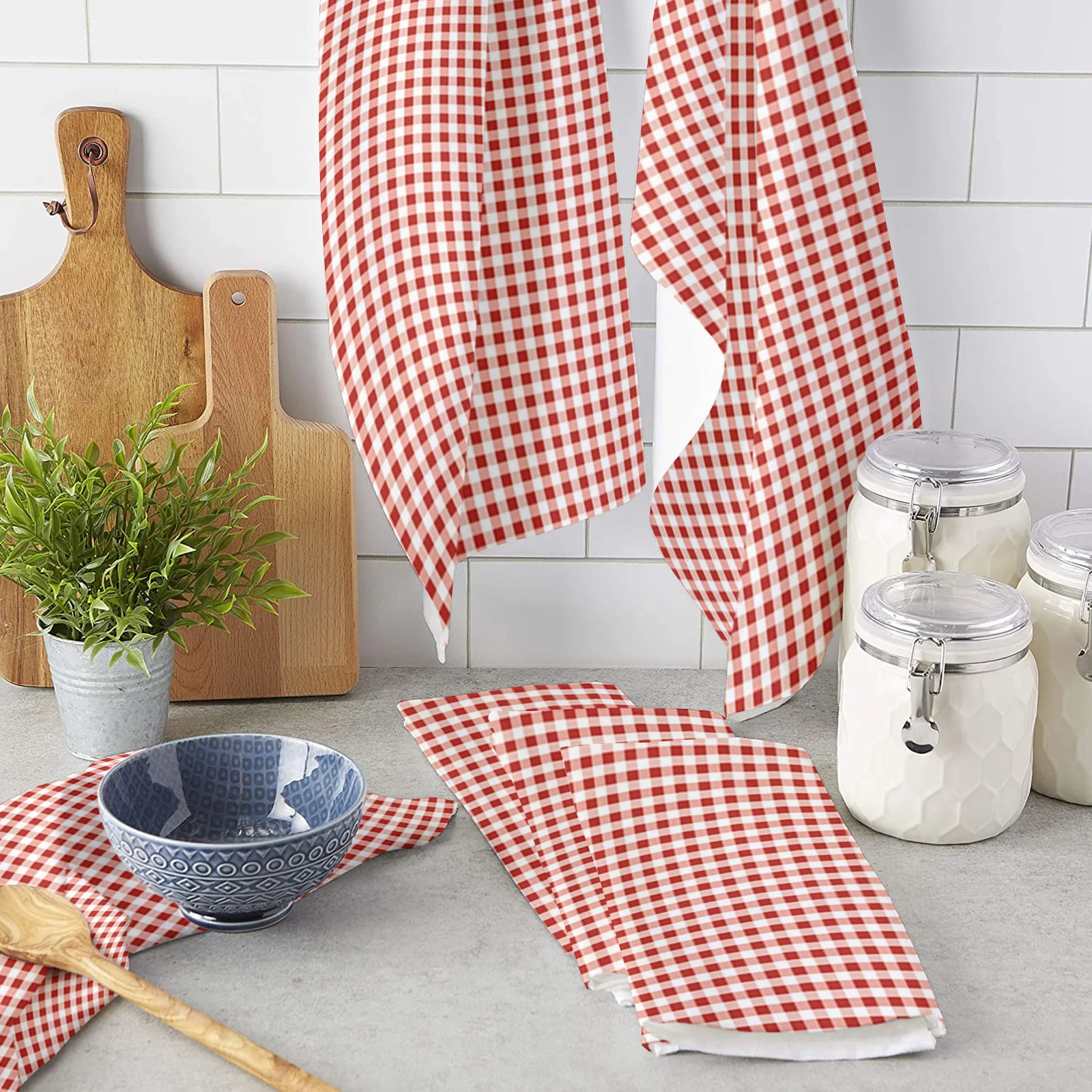 

Набор простых кухонных полотенец в белую и красную клетку, тряпочка для мытья посуды, домашний декор