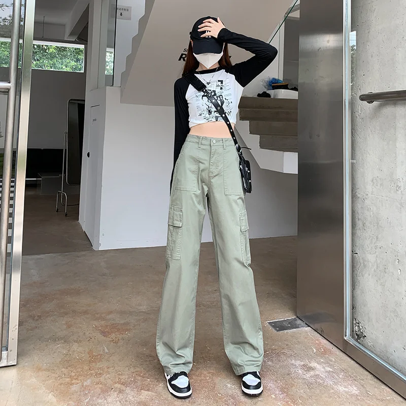 Women's Summer Cool Cargo Pants 2023 New High Waist Straight Tube Loose Wide Leg Pants Girls Solid Casual Pants