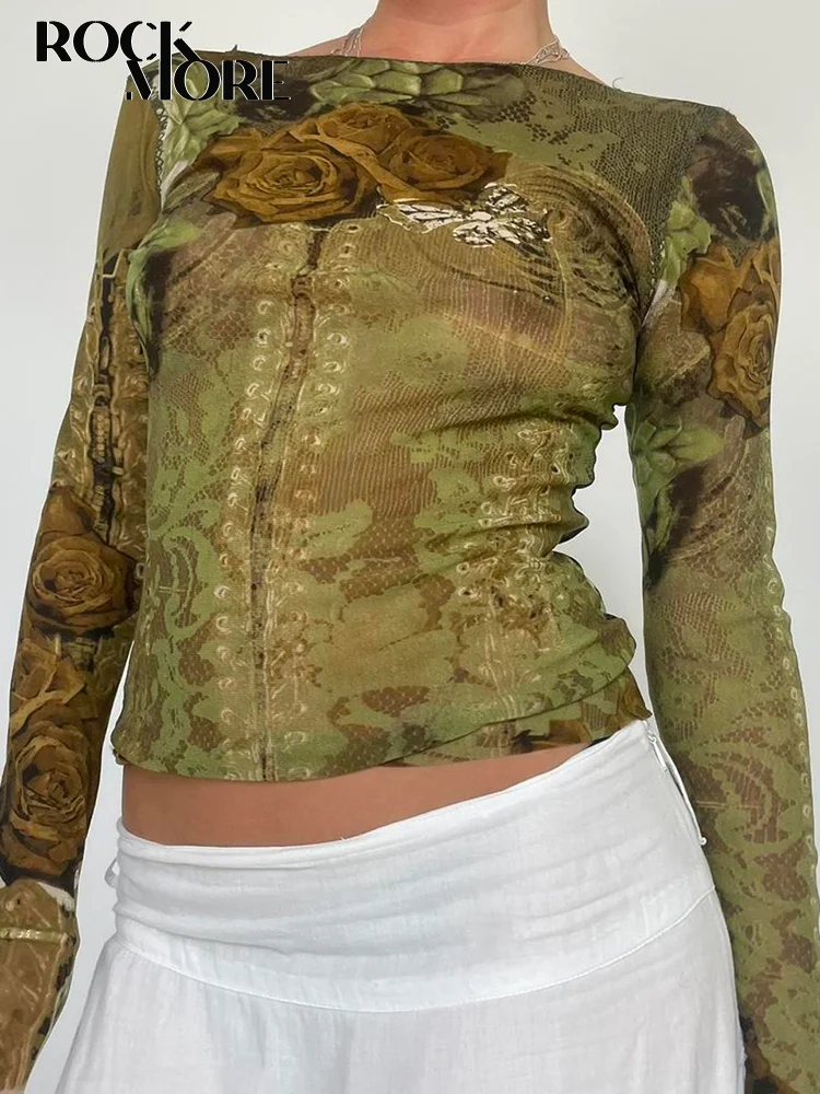 

Rockmore Vintage Print Crop Tops for Women Y2K Aesthetic Long Sleeve T Shirt Streetwear Casual Tee 2000s Grunge Fairycore