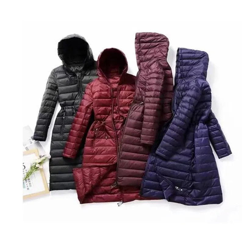 

2022 Winter Duck Down Jackets Women Ultra Light Thin Long Coat With Belt Autumn Casual Slim Tunic Parkas