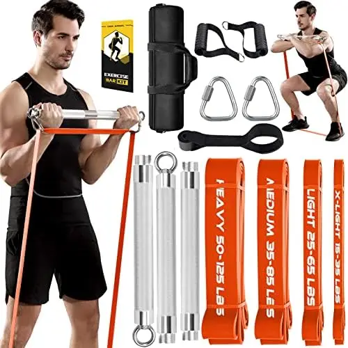 

Resistance Band Bar, 500 LBS Load Strength Training Bar with 4 Heavy Resistance Bands with Bar for Chest Press Deadlift Squats C