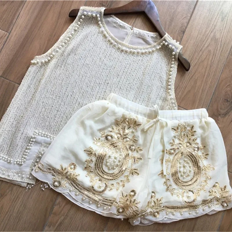 

Sidaimi Korean holiday Summer women's manual Beaded Pearl tassel Chiffon Sequin embroidery loose fashion shorts two piece set