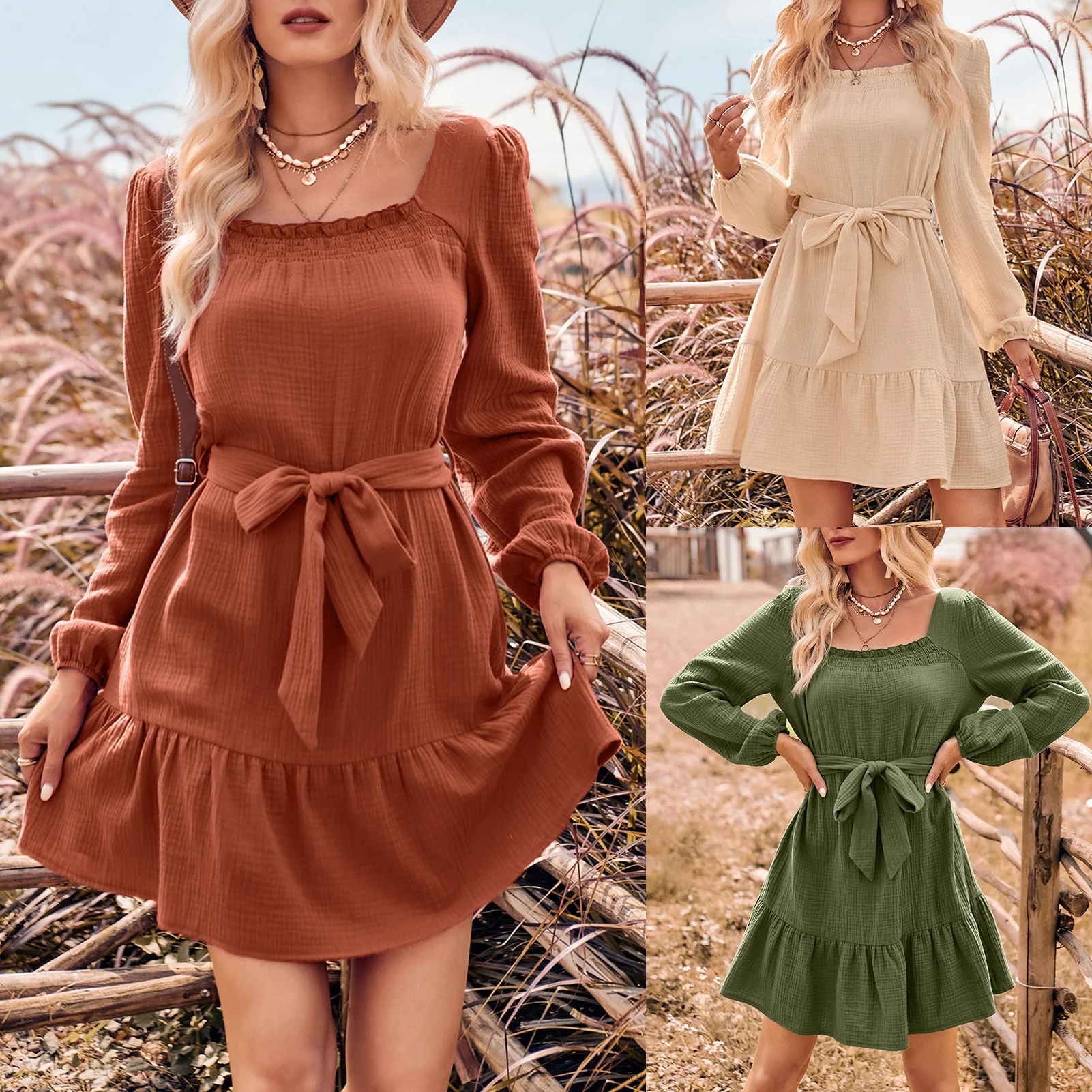 

Женское короткое платье с завязкой на талии, элегантное стильное свободное однотонное платье с рукавами-шариками и квадратным вырезом, уличная одежда для отпуска с бантом в Корейском стиле