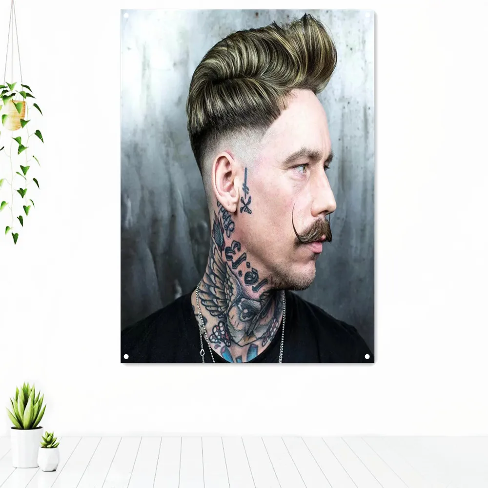 

Men's Moustache Pompadour Haircut Barber Shop Home Decor Painting Banner Full Neck Tattoo Artwork Tapestry Wall Art Hanging Flag