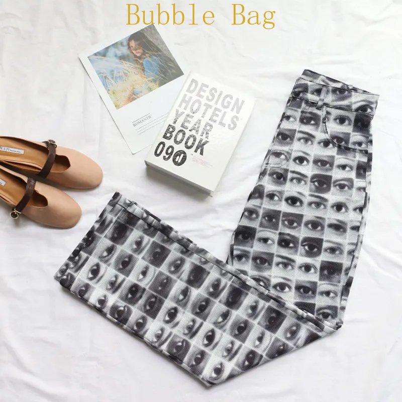 Pants Female Ins High Street Eye Full of Pattern Printed Straight Pants Design Sense Niche Wide Leg Pants Female Y2k