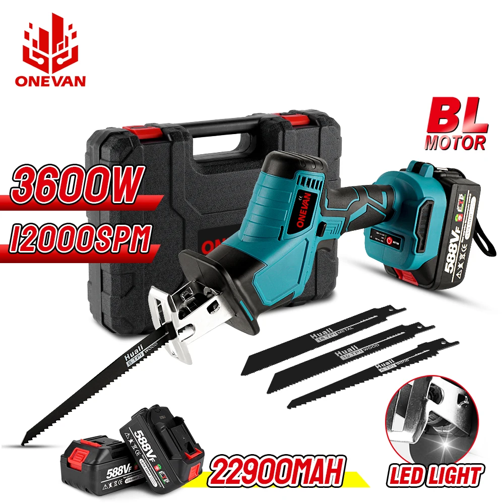 

ONEVAN 3600w Brushless Reciprocating Saw 12000spm Adjustable Speed Cordless Chainsaw Wood Cutting Tool For Makita 18V Battery