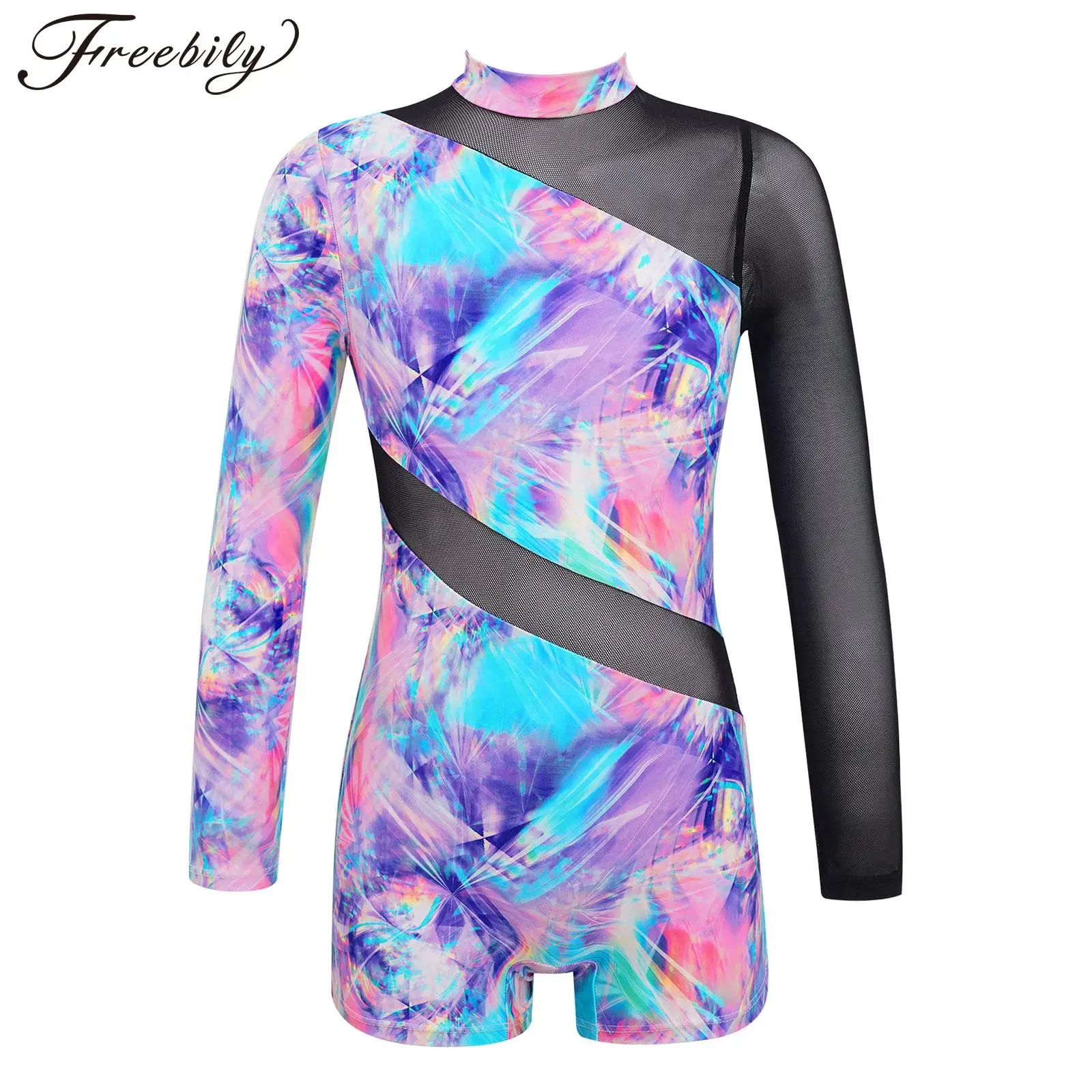 

Teens Girls Long Sleeve Zipper Bodysuit Ballet Leotard Mock Neck Sheer Mesh Patchwork Dance Class Gymnastics Jumpsuit Dancewear