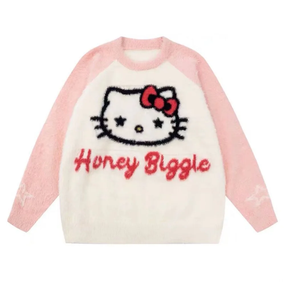 Miniso Hello Kitty Y2k вязаный свитер милый жаккардовый с круглым вырезом осень-зима новая