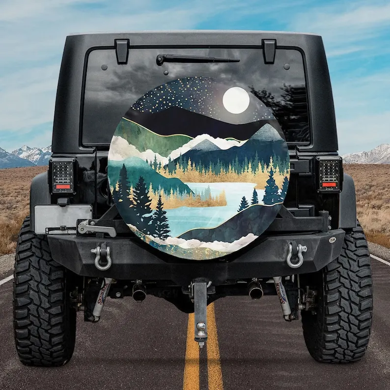 

Mountain Night Camping Gift For Him, Father's Day Gift, American Day, Spare Tire Cover For Car, Personalized Camper Tire Cover,