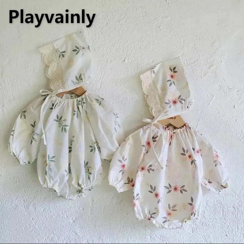 

Girl Romper Autumn for Baby Embroidered flowers long sleeve romper Cute triangle Jumpsuit+cap Child Clothing E9275