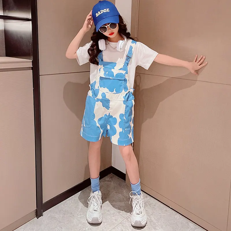 Fashion Girls Clothing Sets Summer New Arrival Blue Camouflage Suspender Shorts + T Shirts Two Pieces Children's Costume Outfits