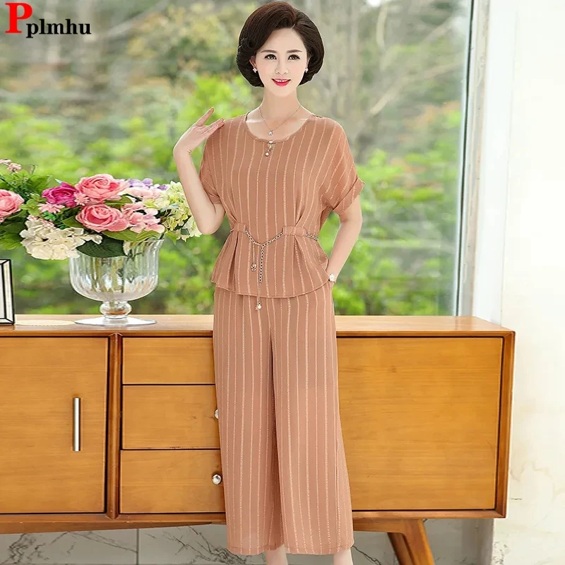 

Повседневный летний комплект из 2 предметов, топ в полоску с коротким рукавом, наряд, широкие мешковатые брюки с высокой талией, тонкий женский комплект