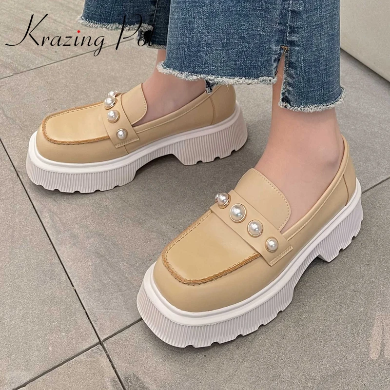 

Krazing Pot genuine leather square toe high heels platform pearl decorations heighten deep mouth slip on basic women pumps L61