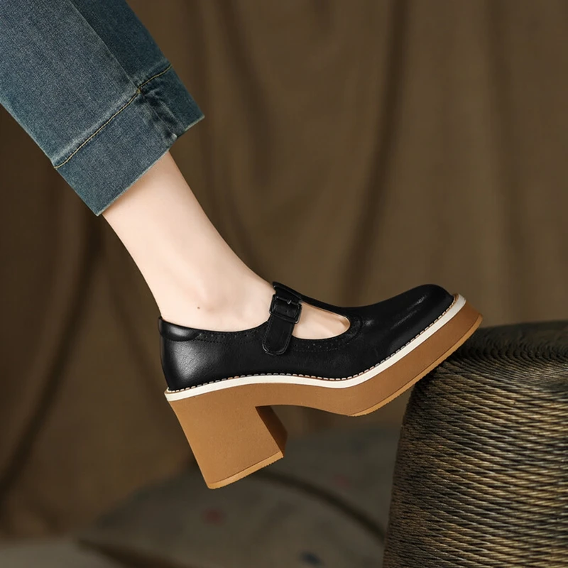 NEW Spring Women Shoes Round Toe Chunky Heel Mary Janes Split Leather Platform Shoes for Women Fashion Solid High Heels Women