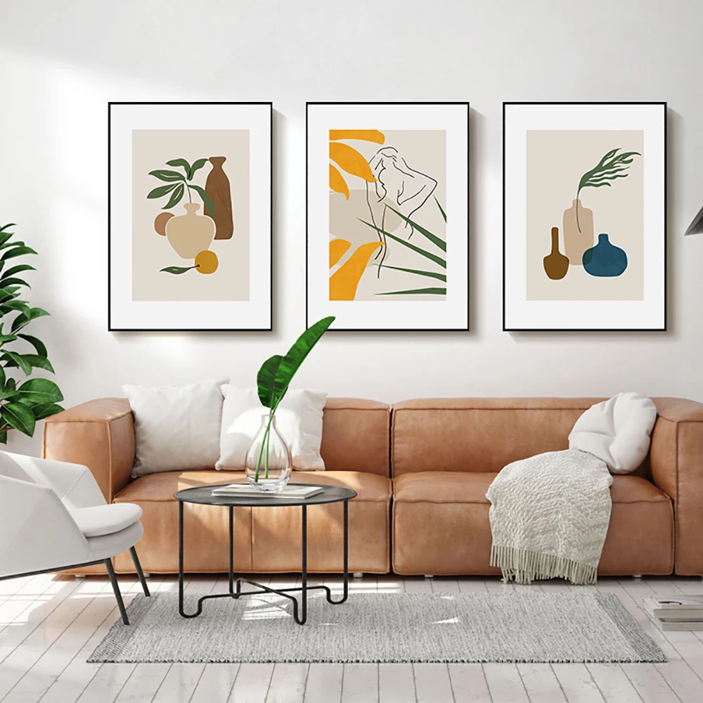 

Nordic Posters And Prints Abstract Character Line Canvas Painting Vase Leaves Art Boho Poster Wall Picture Living Room Decor