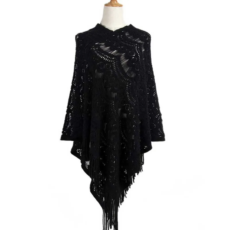 

Elegant Hollow Out Oversized Pullover Cloak Irregular Sweater Tees Women Winter Knitted Tassels Solid Color Shawl Wrap Top