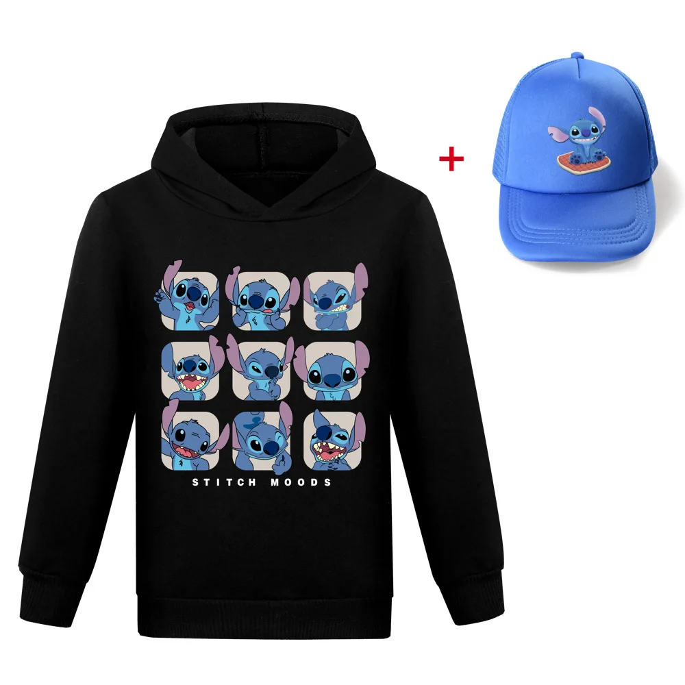 

2022 Boys Cartoon Disney Stitch Hooded Anime Harajuku Fashion Casual Fashion Sweater Spring Summer Autumn Winter + Hat