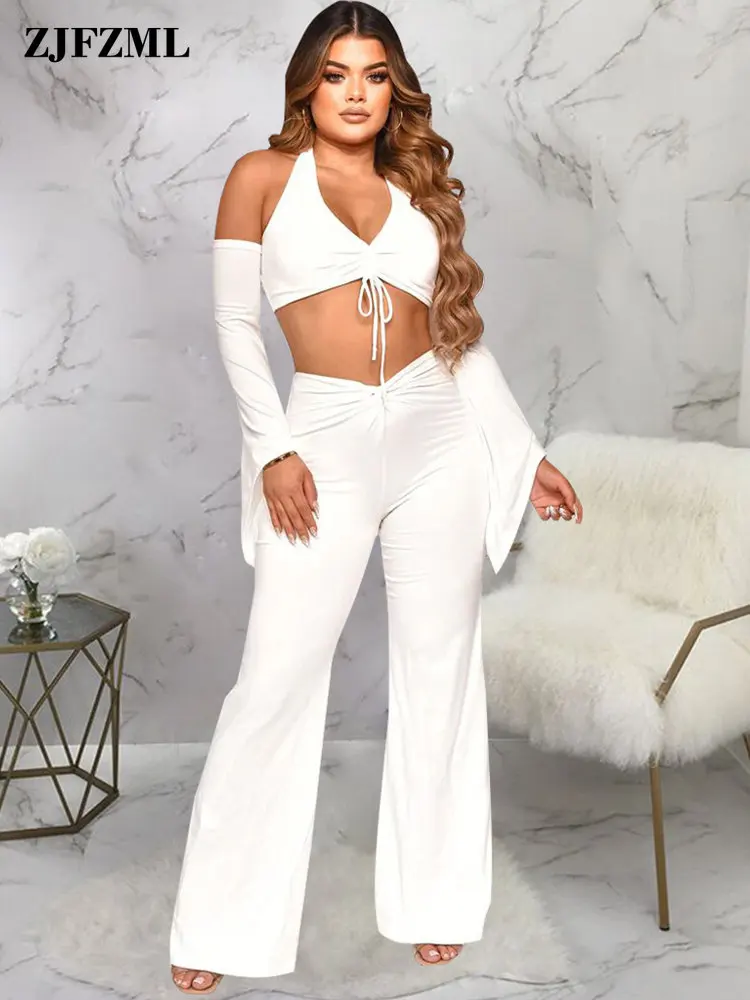 

Костюм брючный женский из двух предметов, праздничная одежда, укороченный топ с лямкой на шее и открытой спиной и длинные брюки с широкими ш...