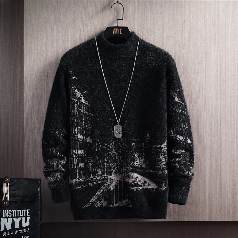 Autumn Winter Men's Pattern Pullovers Slim Sweaters Thick Warm Men's Sweater 2022 Male Casual Round Collar Knitwear Sweater
