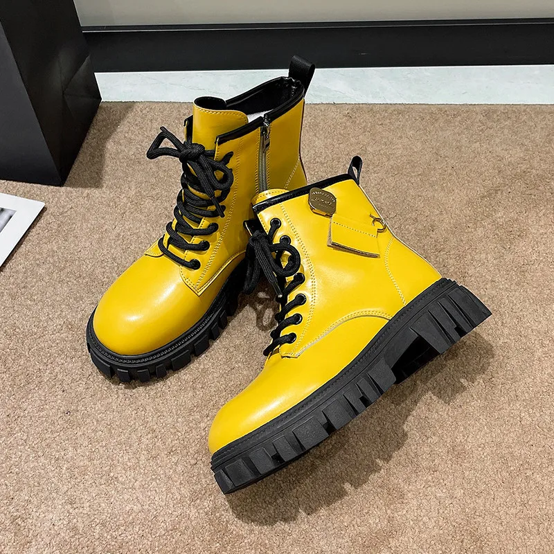 

2022 Autumn Fashion Yellow Women's Tooling Boots Platform Designer Shoes Zip Cowboy Boots Women Ankle Boots Casual botines mujer
