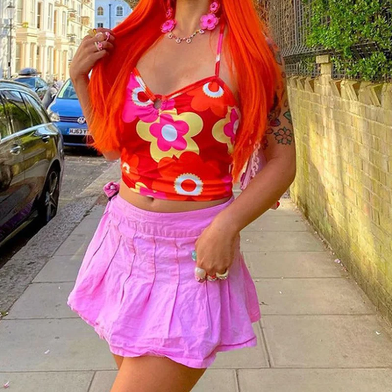 

2000s Aesthetics Bandage Halter Red Tanks Tops Summer Fashion y2k Cute Outfits Harajuku Flora Pattern Backless Sexy Crop Tops
