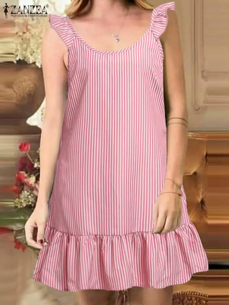 

Женский винтажный пляжный сарафан в богемном стиле ZANZEA, детский летний полосатый сарафан повседневное короткое платье с оборками на подоле