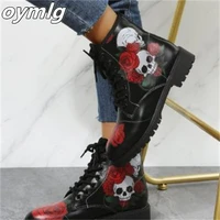 2022 new large size boots new printed boots womens skull rose leather boots lace up high top chelsea boots