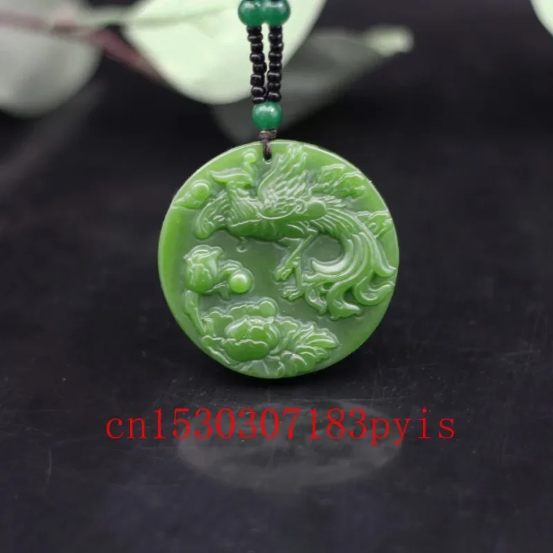 

Hetian Green Jade Phoenix Pendant Beads Necklace Fashion Charm Jewelry Chinese Natural Jadeite Carved Amulet Gifts for Women