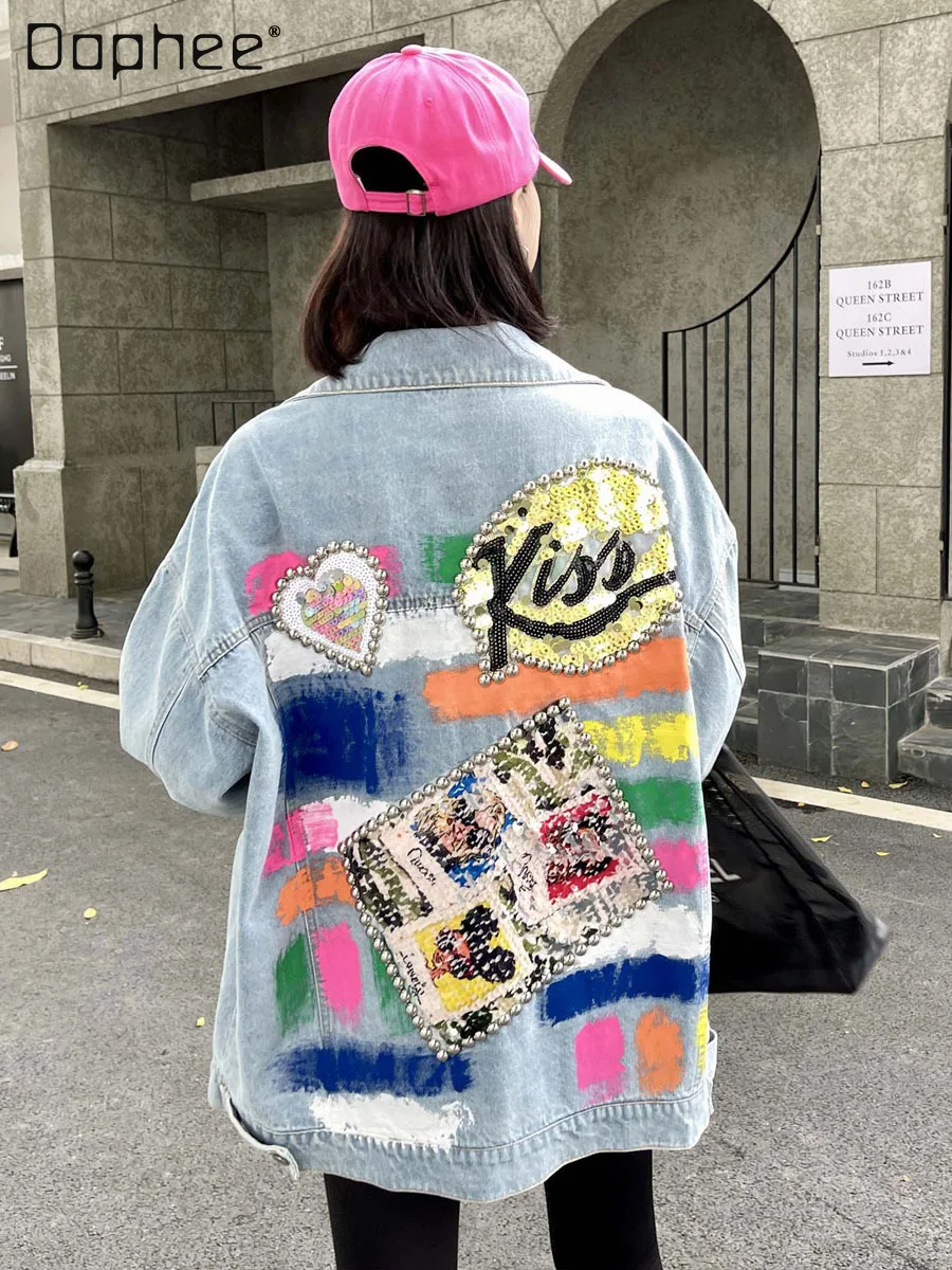 

Loose Woman Sequin Long Sleeve Painted Denim Jackets Casual Denim Coat 2022 Fall Fashion Vintage Jean Jacket Female Outerwear