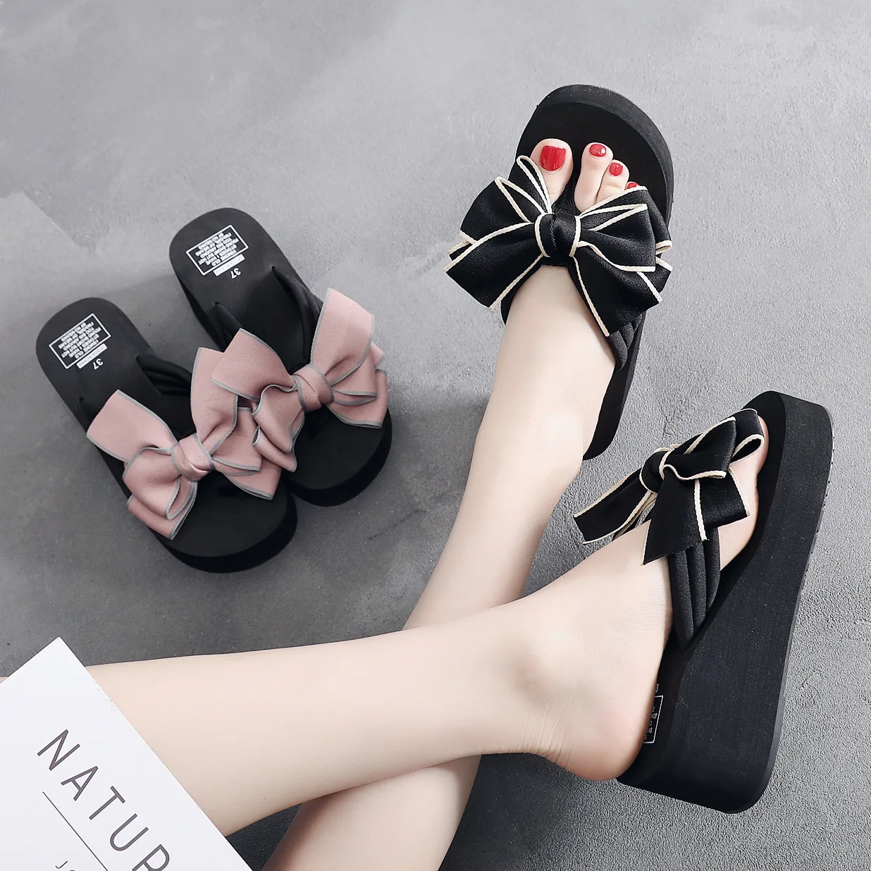 

Shoes Woman 2022 Slippers For Swimming Pool Med On A Wedge Butterfly-Knot Pantofle Platform Rubber Flip Flops Luxury Slides Beac
