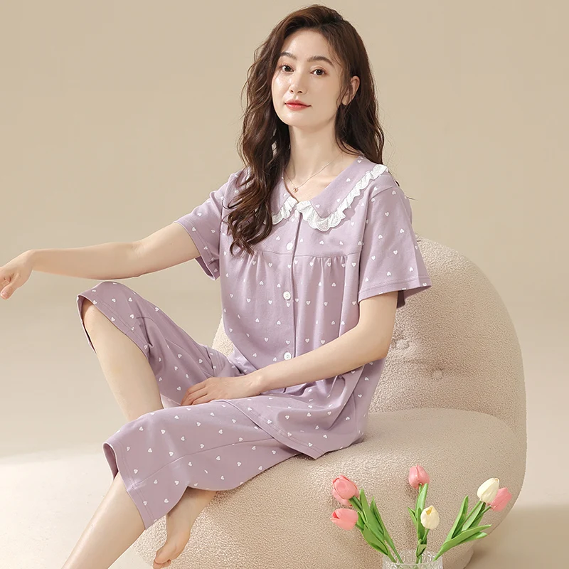 Летний женский пижамный комплект из 100% хлопка пижама с цветочным принтом женская